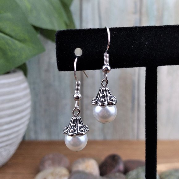 Jewelry - Faux Pearl Silver Tone Hook Earrings